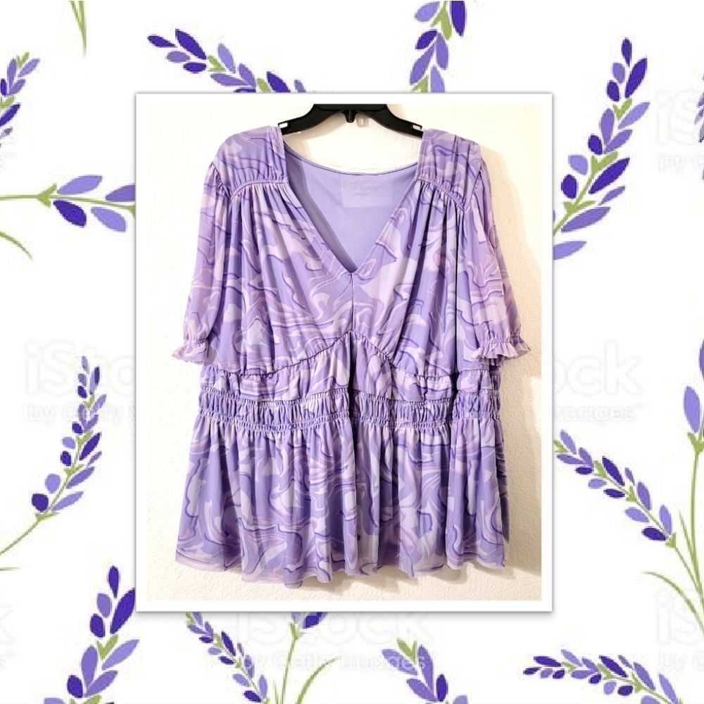 🆕️ AVA VIV Purple Swirl Lined Mesh Peplum Blouse w/ Puffed Sleeves